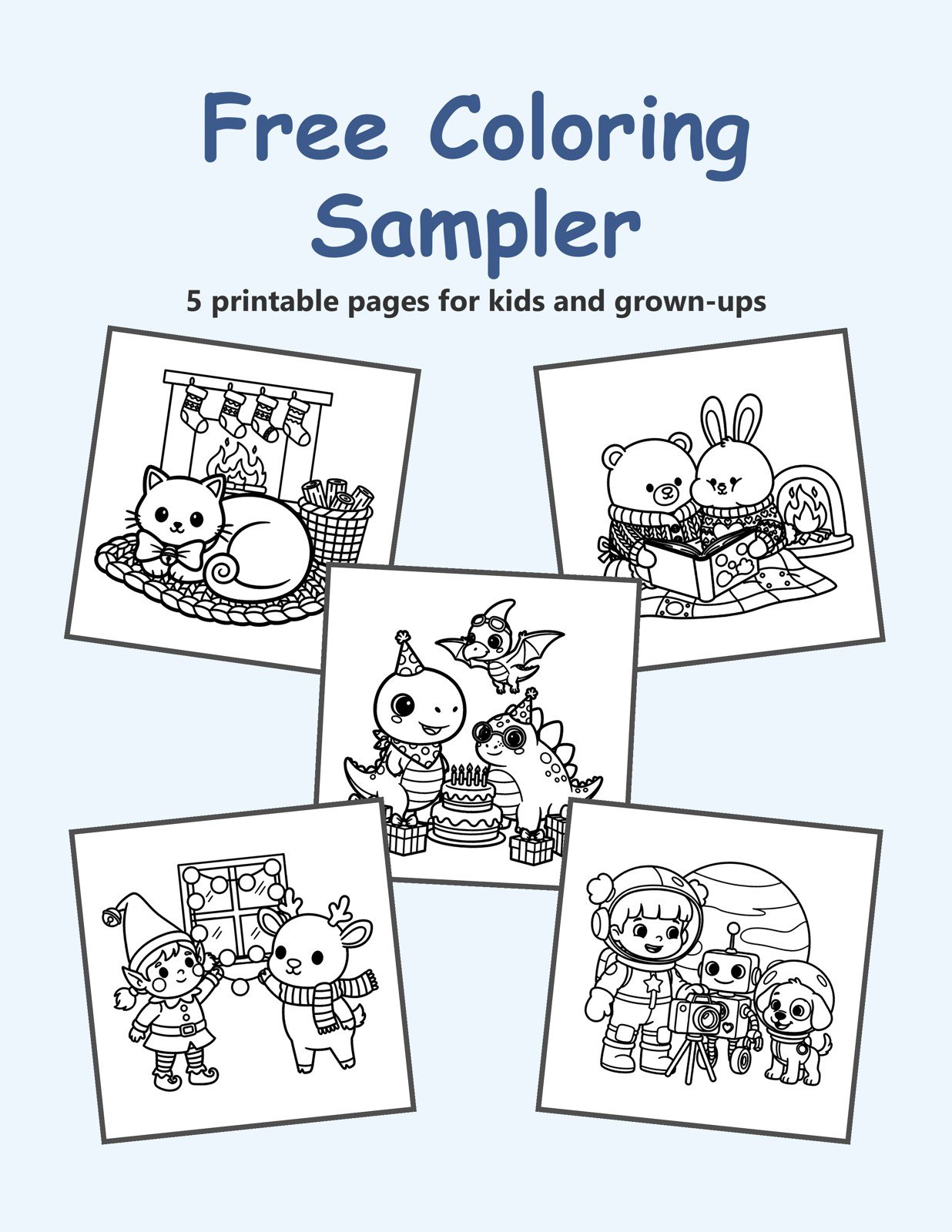 Free coloring sampler cover with five coloring pages