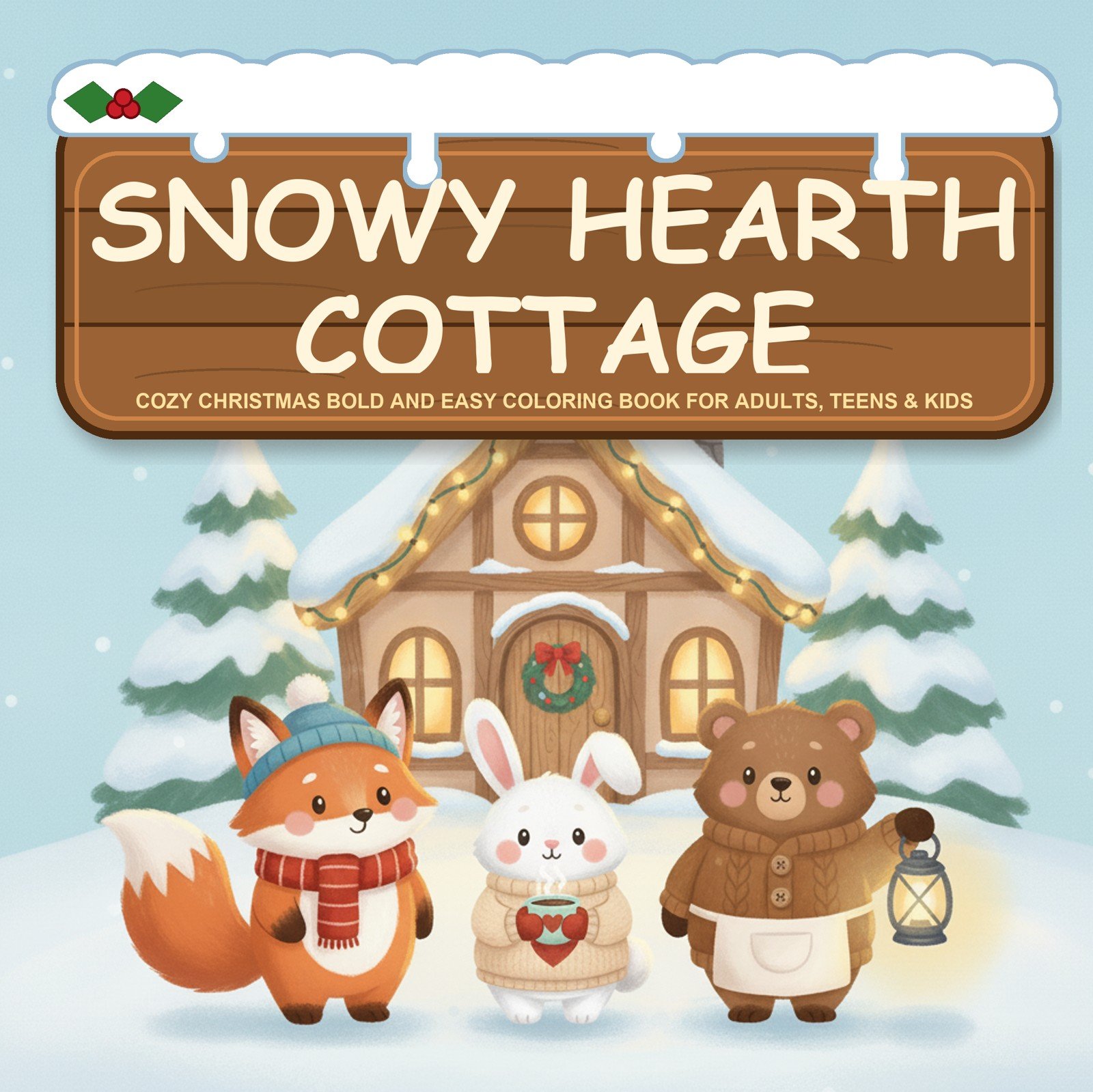 Snowy Hearth Cottage coloring book cover with animal friends by a Christmas tree