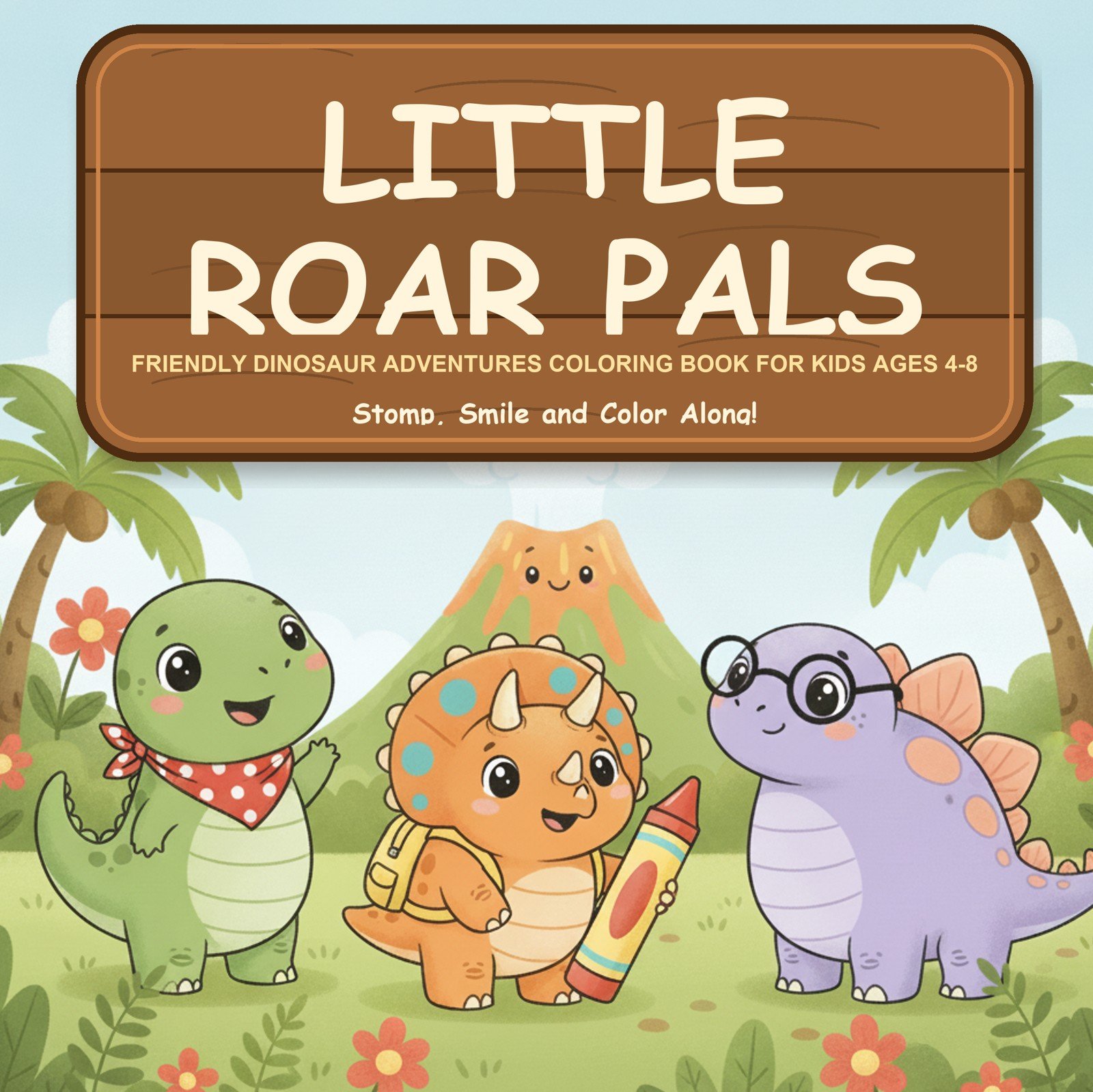 Little Roar Pals coloring book cover with three cartoon dinosaurs